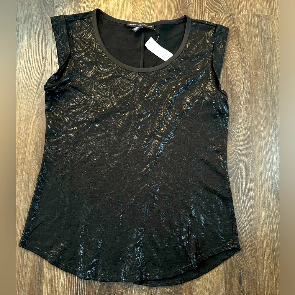 White House Black Market Scoop Neck Tank in Textured Waves Black Foil